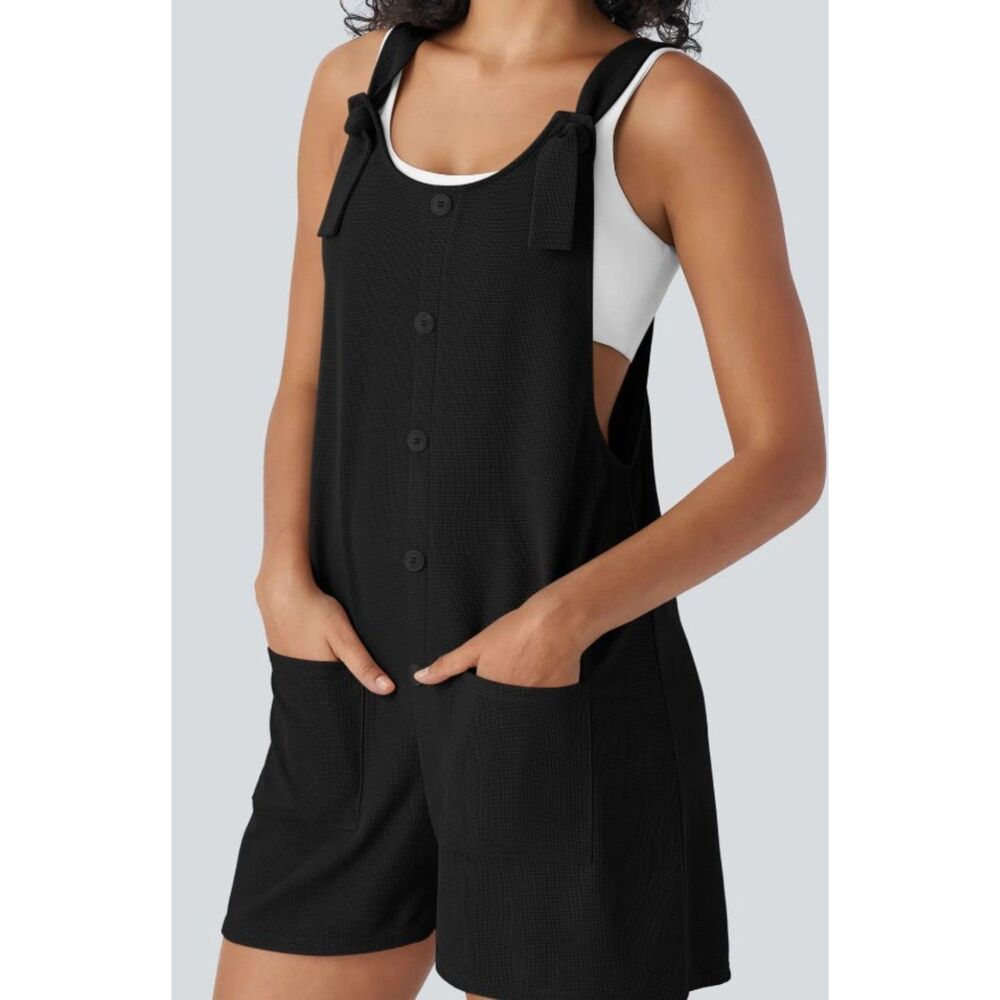 Halara Knot Strap Decorative Pockets Waffle Short Overalls NWT